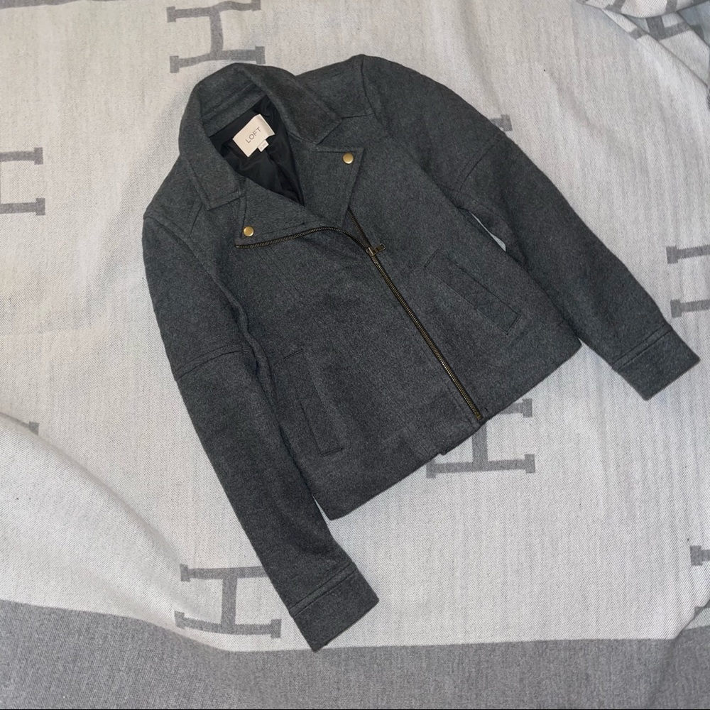 NWOT Ann Taylor Loft grey moto bomber jacket XS gold hardware